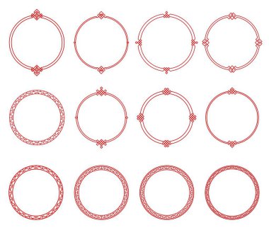 Round red Asian frames and borders, Japanese, Korean and Chinese patterns, vector. Oriental asian circle line pattern ornaments and embellishments of isolated round border frame