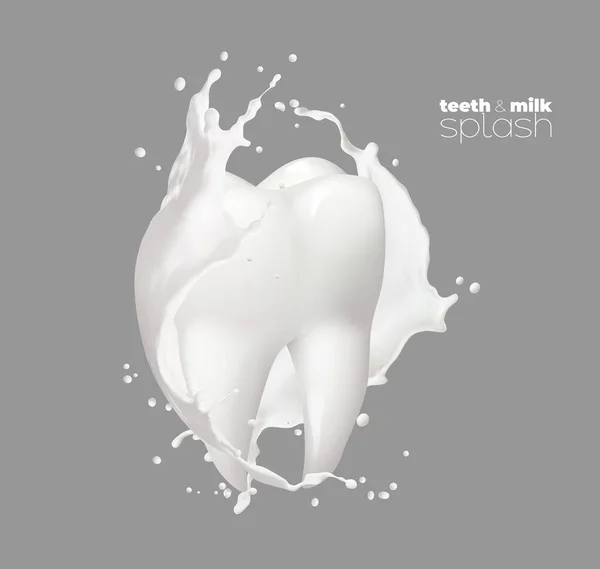 Realistic Tooth White Milk Yogurt Splashes Splatters Calcium Nutrition Vector — Stok Vektör