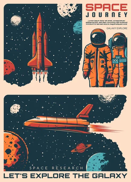 Galaxy Explore Astronauts Spaceship Retro Posters Vector Space Universe Rocket — стоковий вектор