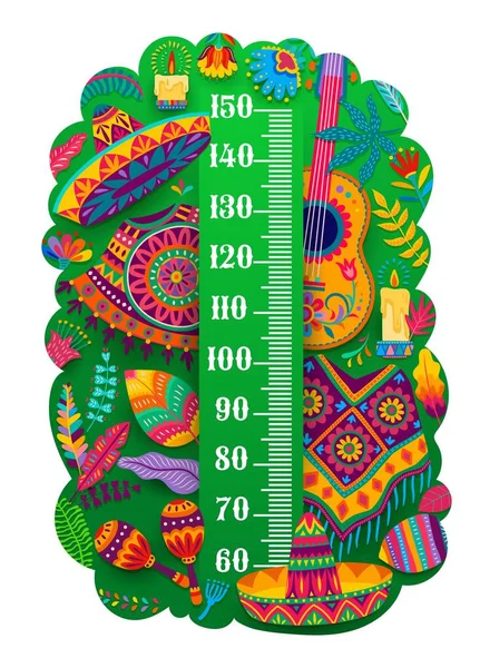 Kids Height Chart Mexican Guitars Sombrero Poncho Maracas Vector Growth — Stockvector