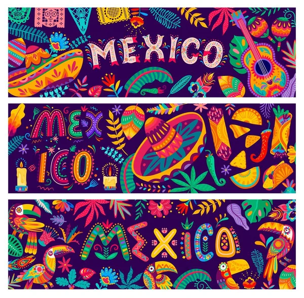 Μεξικάνικο Σομπρέρο Και Φαγητό Τουκάν Λουλούδια Κιθάρα Και Papel Picado — Διανυσματικό Αρχείο