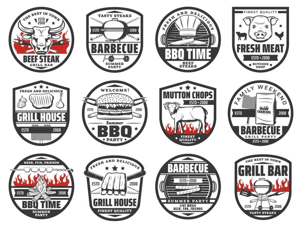Butcher Shop Grill Bar Barbecue Party Icons Pork Veal Mutton — 图库矢量图片