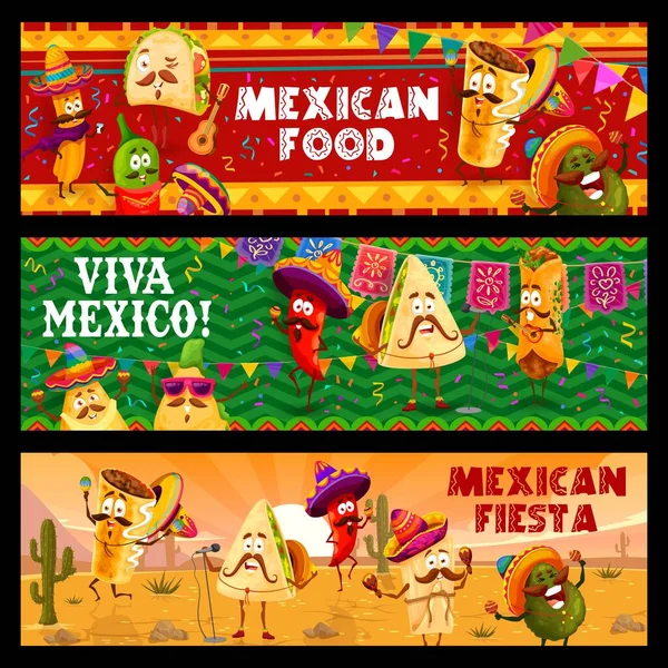 Mexican Fiesta Holiday Party Cartoon Mexican Tacos Burrito Churros Jalapeno — Stockvektor