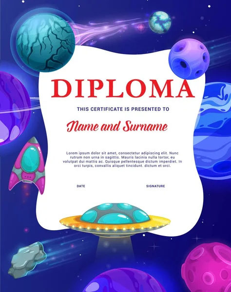 Blue Galaxy Space Planets Rockets Kids Diploma Template Child Graduation — Vettoriale Stock