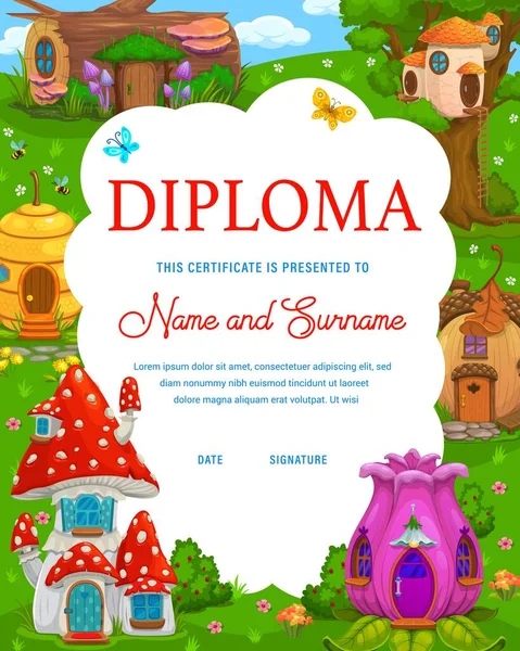 Kids Diploma Fairy Fantasy Houses Dwellings Cartoon Fairytale Vector Certificate — Vettoriale Stock