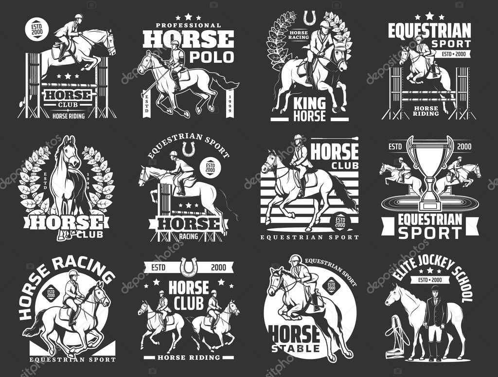 Equestrian sport horse riding and polo club, jockey school, race, jump and dressage vector icons. Racehorses, hippodrome track and horseback riders, champion trophy, harness, horseshoe