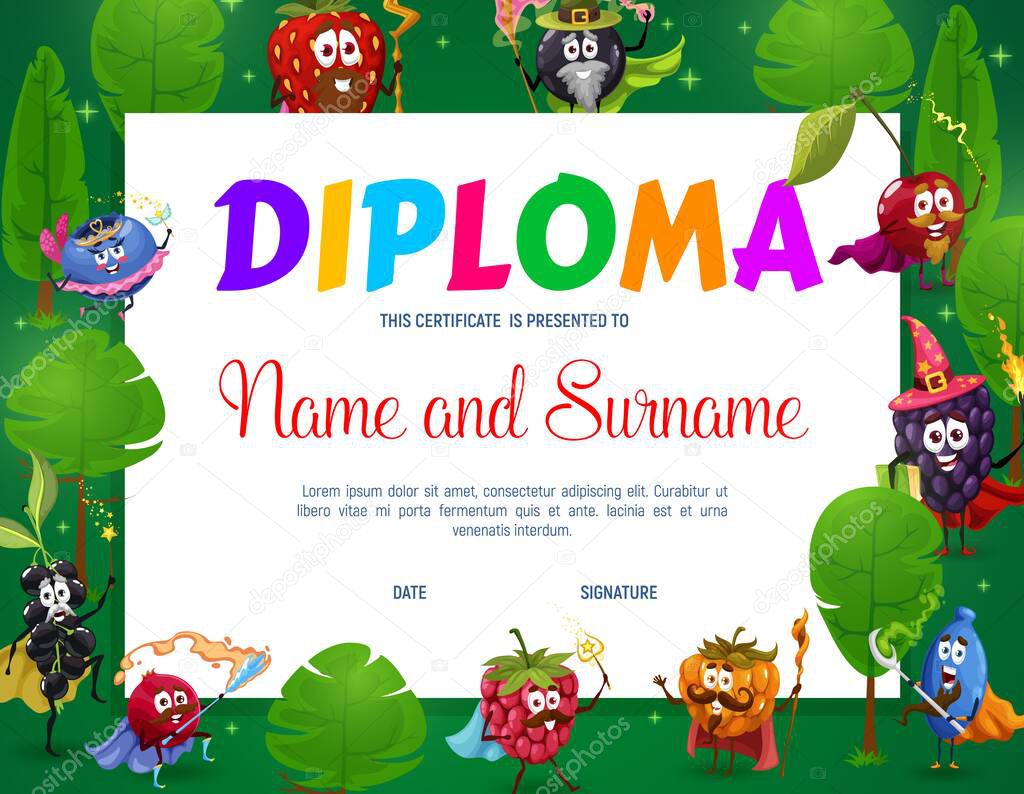 Kids diploma with cartoon cheerful berry wizards, magicians, warlocks, witches and sorcerers in forest vector frame. Kindergarten or school certificate, education award with fairy fruit personages