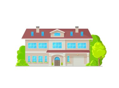 İki katlı modern bir bina. Garajı ve vektör yerleşim alanı var. Kasaba ya da aile evi villa, malikane kulübesi dubleks ya da otel ve banliyö apartman dairesi cephesi