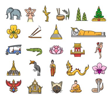 Tayland simgeleri, kültür ve din çizgisi simgeleri. Tayland mimarisi, din ve doğa sembolleri hayvan, çiçek ve yiyecek, Buda heykelleri, ejderha ve tapınak, Tayland boks sembolleri.