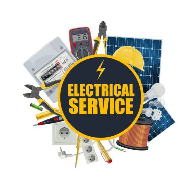 Elektrik hizmeti karikatür vektör ekipmanı ve elektrik mühendisi araçları. Enerji göstergesi, ampuller, anahtar ve multimetre, voltmetre, kablo, soket, prize, voltaj testi ve piller.