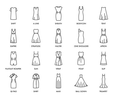 Woman dresses isolated icons. Female fashion cloth collection. Vector models shift, a-line, sheath and bodycon, tent, empire or strapless. Halter, one shoulder and playsuit pomper thin line dress clipart