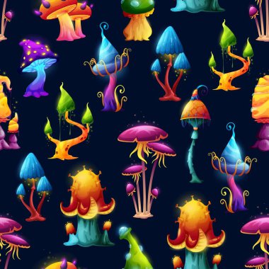 Kusursuz desen. Peri fantezi mantarları ve sihirli mantarlar vektör arka planı. Asit kapaklı, mavi neon ve mor zehirli ışıltılı mantarlı çizgi film mantarı cadı ormanında