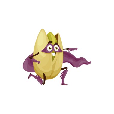 Kabuklu fıstıklı, maskeli ve pelerinli süper kahraman çizgi film karakteri çocuk emojisi simgesi. Vektör süper kahraman atıştırmalığı, vejetaryen kavrulmuş fıstık. Yeşil tohum maskotuyla fıstıklı