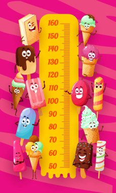 Çocukların boy çizelgesindeki dondurma karakterleri. Gülümseyen tatlı gelato, buzlu dondurma, dondurmalı dondurma, dondurulmuş meyve suyu, eskimo tatlısı ve kremalı dondurma ile çocuk büyütme vektör ölçer.