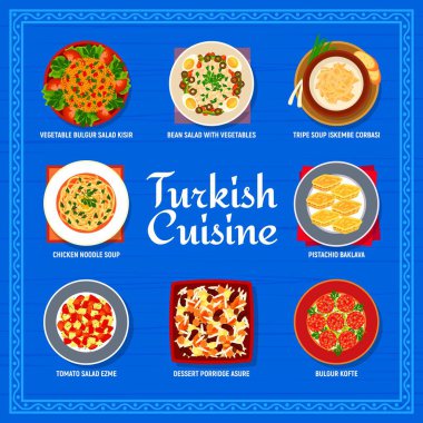 Türk mutfağı menüsü, İstanbul yemekleri, öğle ve akşam yemekleri, vektör. Bulgur kofte, baklava tatlısı ve tatlı yulaf lapalı tavuk çorbası menüsü.
