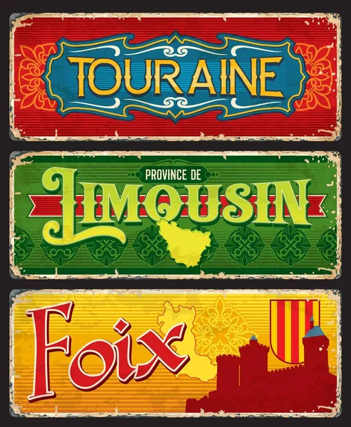 法国Touraine Limousin和Foix地区的古董卡片和病媒贴纸 带有旅行地标和地区地图的法国省锡标识 带有标签和纹章的金属板 — 图库矢量图片