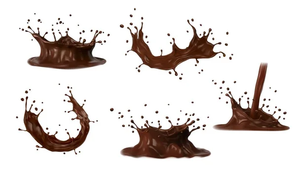 Salpicaduras Chocolate Leche Café Olas Corona Cacao Remolinos Postres Aislados — Vector de stock
