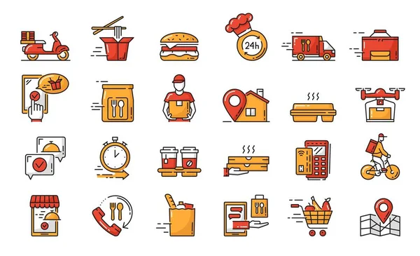 Fast Food Order Delivery Line Icons Drone Car Bike Bicycle — Stock Vector