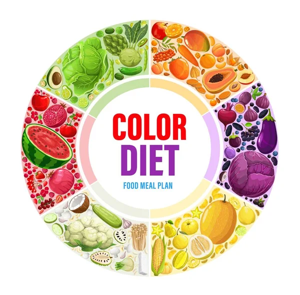 色彩艳丽的饮食 食物配餐计划圆信息图 用有机浆果 蔬菜和水果制作的节食系统计划图表或病媒时间表 环游排毒饮食或彩色食物海报 — 图库矢量图片