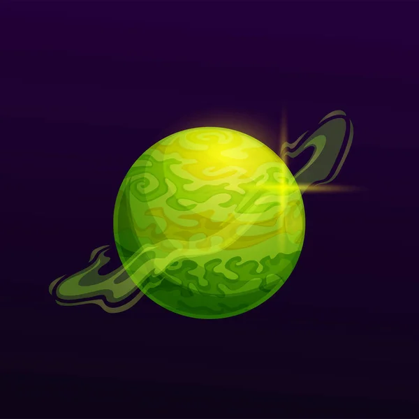 만화처럼 소용돌이치는 녹색의 행성입니다 우주에 주위에 빛나는 안개가 계입니다 우주에서의 — 스톡 벡터