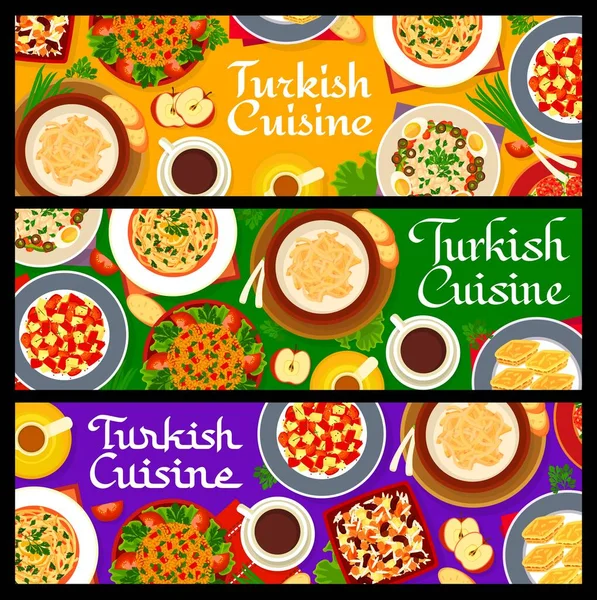 トルコ料理の食事バナートルコ料理 ベクトルレストランディナーとランチメニュー トルコの伝統的な料理バクラバ甘いデザートと鶏の麺スープとブルグルコフィテ — ストックベクタ