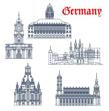 Almanya, Dresden mimari vektör binaları, kiliseler ve katedraller, seyahat yerleri. Dresden Frauenkirche veya Meryem Kilisesi, Kutsal Üçlü Katedrali, Albrechtsberg Sarayı ve Neues Rathaus