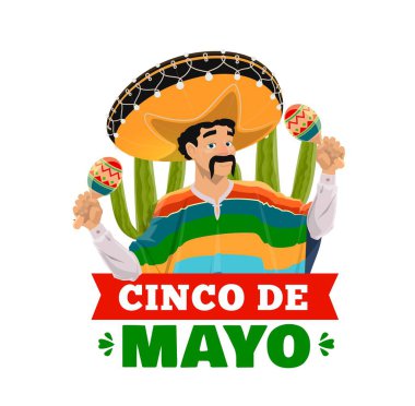 Cinco de Mayo Meksikalı adam vektör şapkalı ve pançolu bıyıklı, mariachi müzisyeni marakas ve kaktüslü. Cinco de Mayo Meksika tatili, fiesta partisi ya da festival kutlama kartı tasarımı