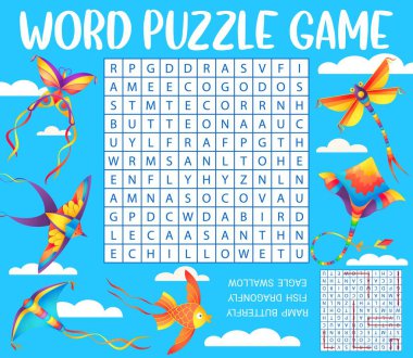 Mavi gökyüzünde uçurtmalar, kelime araması yapboz çalışma tablosu, vektör çocuklar test ızgarası. Kelebek, balık ve ejderha şeklinde çizgi film uçurtmalarının bulmacalarını bulmak için bulmaca ya da bilmece.