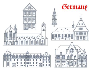 Almanya mimarisi, Celle ve Hildesheim şehir simgeleri, seyahat vektörü turları. Celle Kalesi, Sinagog ve Stadtkirche, Hildesheim Rathaus ve Hildesheim Katedrali veya Almanya 'daki Hildesheimer Dom