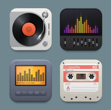 Vinil, kaset ve ses çalar eşitleyici ikonlar. Uygulama arayüzü gerçekçi vektör kare simgeleri vinil diskler turntable, teyp kaseti ve kaydırma ekran, eşitleyici ekran ile karıştırma
