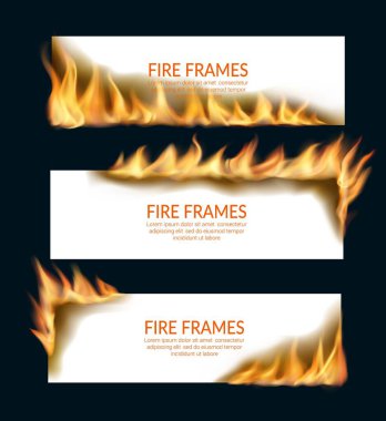 Alevli kâğıt pankartlar, vektör yatay sayfalar, reklam için şablonlar, gerçekçi 3D alevli çerçeveler. İzole edilmiş, yanan, yanan kağıt çarşaflar.