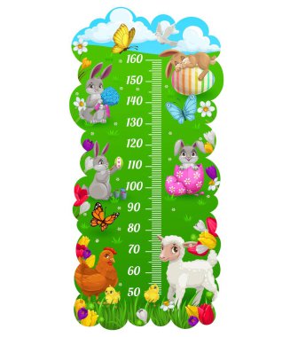 Paskalya tavşanı ve yumurtalı çocuk boy grafiği, vektör büyüme ölçer. Çocukların boy tablosu veya bebek ölçeği Paskalya yumurtaları ve yeşil çimenler ve bahar çiçekleri üzerindeki tavşanlarla ölçülür