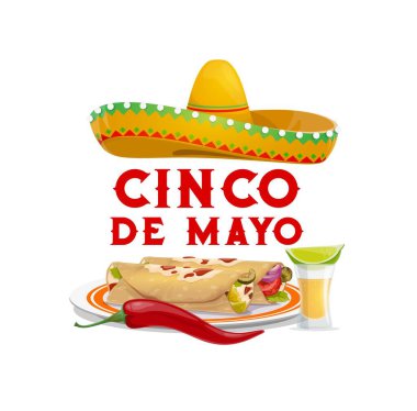 Sombrero şapkalı Cinco de Mayo Meksika yemeği. Kırmızı biberli veya jalapeno biberli tortilla rulo sandviçi ve limon karikatürlü tekila bardağı.