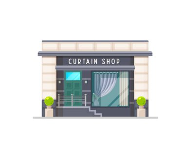 Perde mağazası binası, pencere perdesi mağazası, vektör mimari cephesi. Ev tasarımı ve salon tekstil butiği ya da perde, tül ve kepenkler galeride ya da vitrinde.