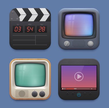 Film alkışlama tahtası, TV ve video oynatıcı arayüz simgeleri. Televizyon ve video yayınlama cep telefonu veya bilgisayar uygulama 3 boyutlu vektör simgeleri. Sinema alçıpan, klasik TV ve film oynatıcı
