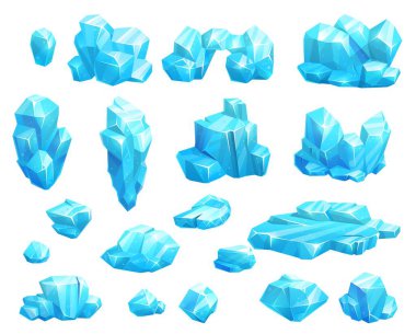 Cartoon frozen ice crystals and icicles, blocks and icebergs, magic stones game asset. Vector blue iced floes, salt mineral or cave stalagmites. Cap snowdrifts winter elements, ice crystal glass set clipart