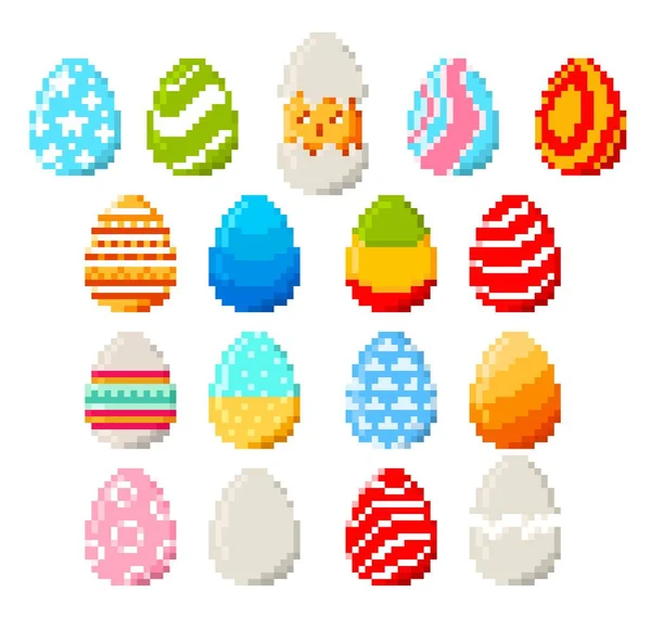 Bit Pixel Easter Eggs Chicken Pixel Art Game Isolated Eggs — Stock Vector