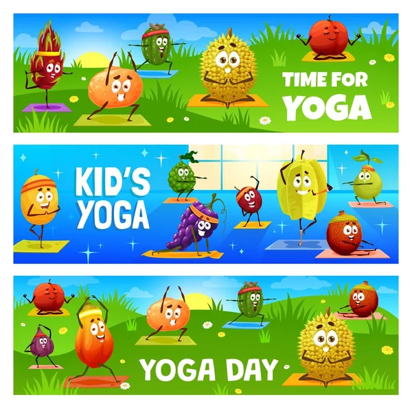Kids Yoga Day Pilates Fitness Banners Cartoon Tropical Fruits Characters — Stock Vector