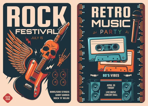 Festival Rock Música Retro Festa Cartazes Microfone Vetorial Guitarra Elétrica — Vetor de Stock
