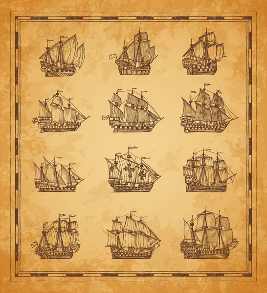 Alte Piratensegelschiffe Und Segelboote Alte Schiffsfregatte Brigantine Und Karavellskizze Alte — Stockvektor
