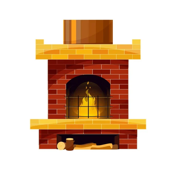 薪や燃える火でレンガの暖炉や囲炉裏 丸太のための格子と場所とベクトルの伝統的なスタイル屋内煙突 ヴィンテージホーム暖炉 暖房システム隔離された漫画のデザイン要素 — ストックベクタ