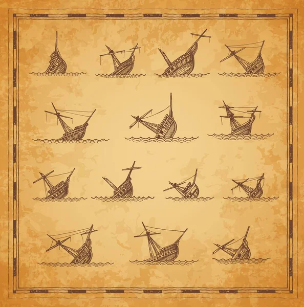 Croquis Voiliers Coulés Éléments Carte Vintage Vecteur Gravé Épave Navires — Image vectorielle