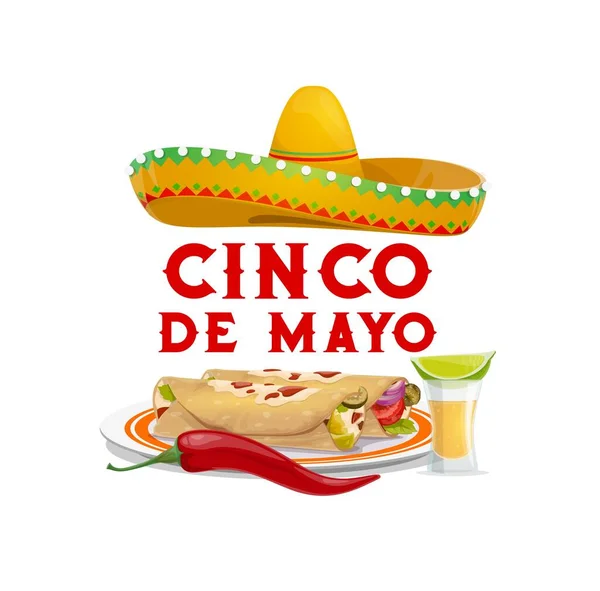 Cinco Mayo Comida Mexicana Fiesta Con Sombrero Sombrero Burritos Vectoriales — Vector de stock