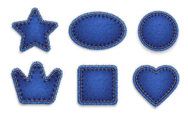 Modré Džíny Džínové Textury Náplasti Etikety Koruna Vektoru Kruh Hvězda — Stockový vektor