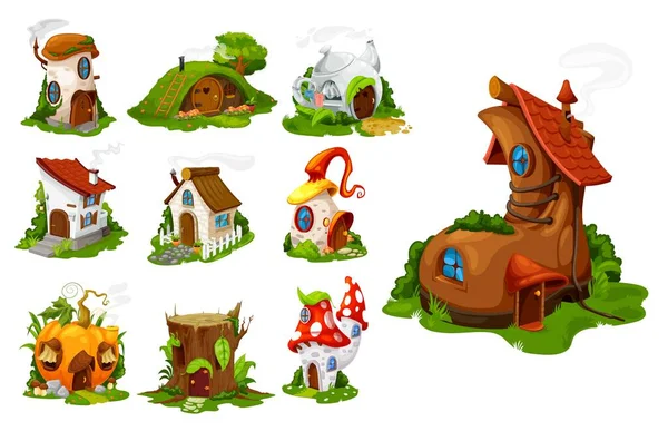 Cartoon Fairytale Houses Dwelling Fantasy Isolated Vector Buildings Pumpkin Tree — Stock Vector