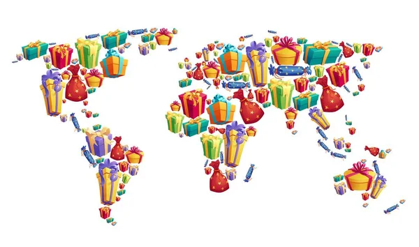ギフトボックスと世界地図の形状 ベクトル背景を提示します 冬のクリスマスや誕生日やリボンやラッパーでサンタの贈り物と結婚祝いのギフトボックス — ストックベクタ