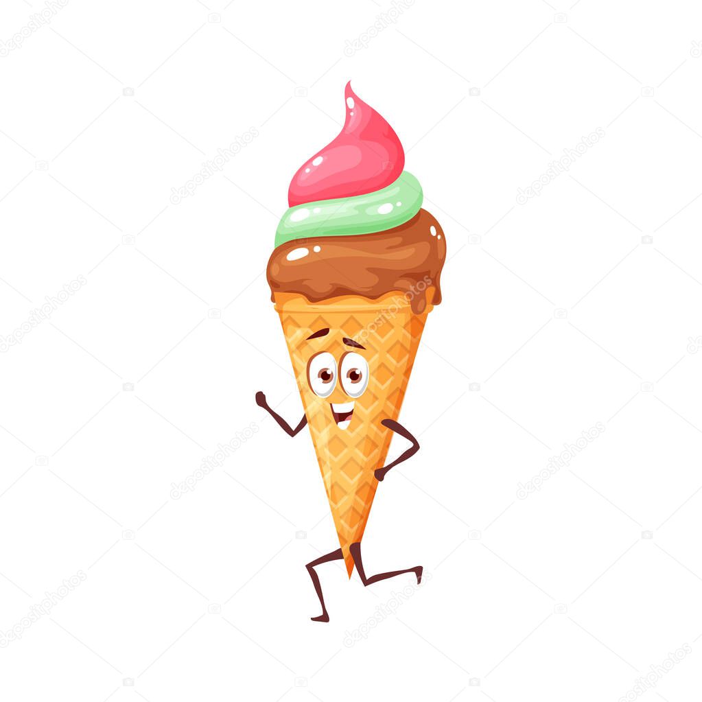 Whipped cream ice cream in waffle cone isolated funny cartoon character. Vector summer snack emoticon, ice sundae swirl in waffle, cold refreshing dessert. Gelato icecream emoji kawaii with happy face