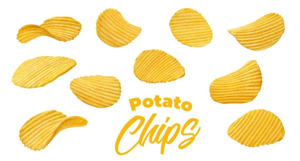 Croustillant Réaliste Ondulation Croustillante Chips Pommes Terre Isolées Grignoter Chips — Image vectorielle