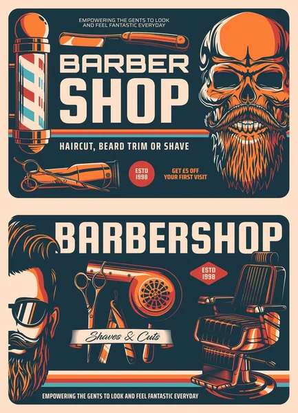 Barbershop Retro Vector Posters Skull Beard Razor Blades Barber Shop — Stock Vector