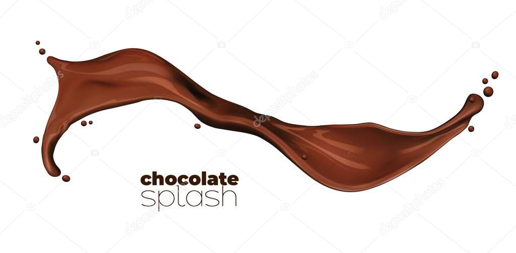 Chocolate cocoa milk wave splash swirl. Isolated dessert brown drink splash with splatters. Liquid chocolate cream spill frozen motion. Dessert drink or melted cacao realistic vector wave with drops